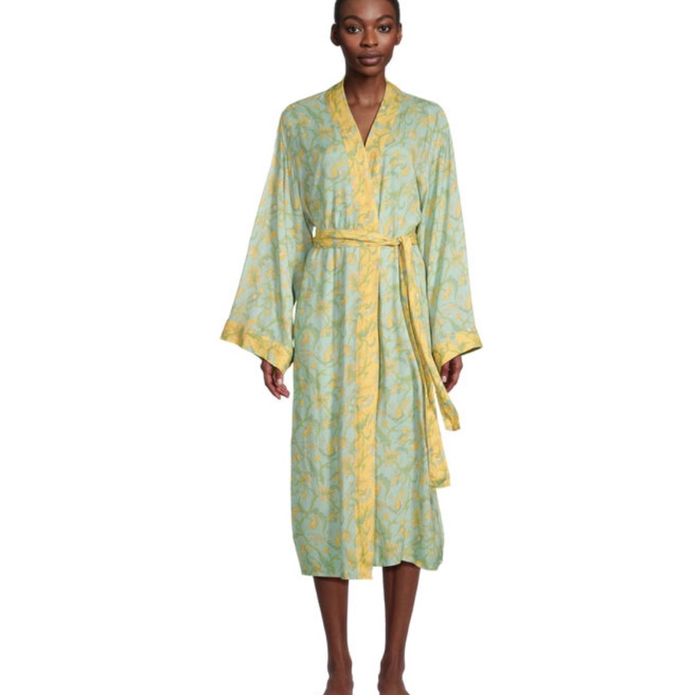 Mint Green and Yellow Floral Kimono Robe